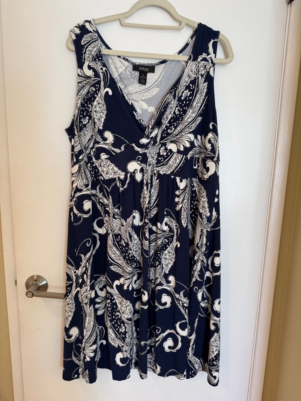 Style & Co. Navy and White Paisley Empire-Waist Midi Dress